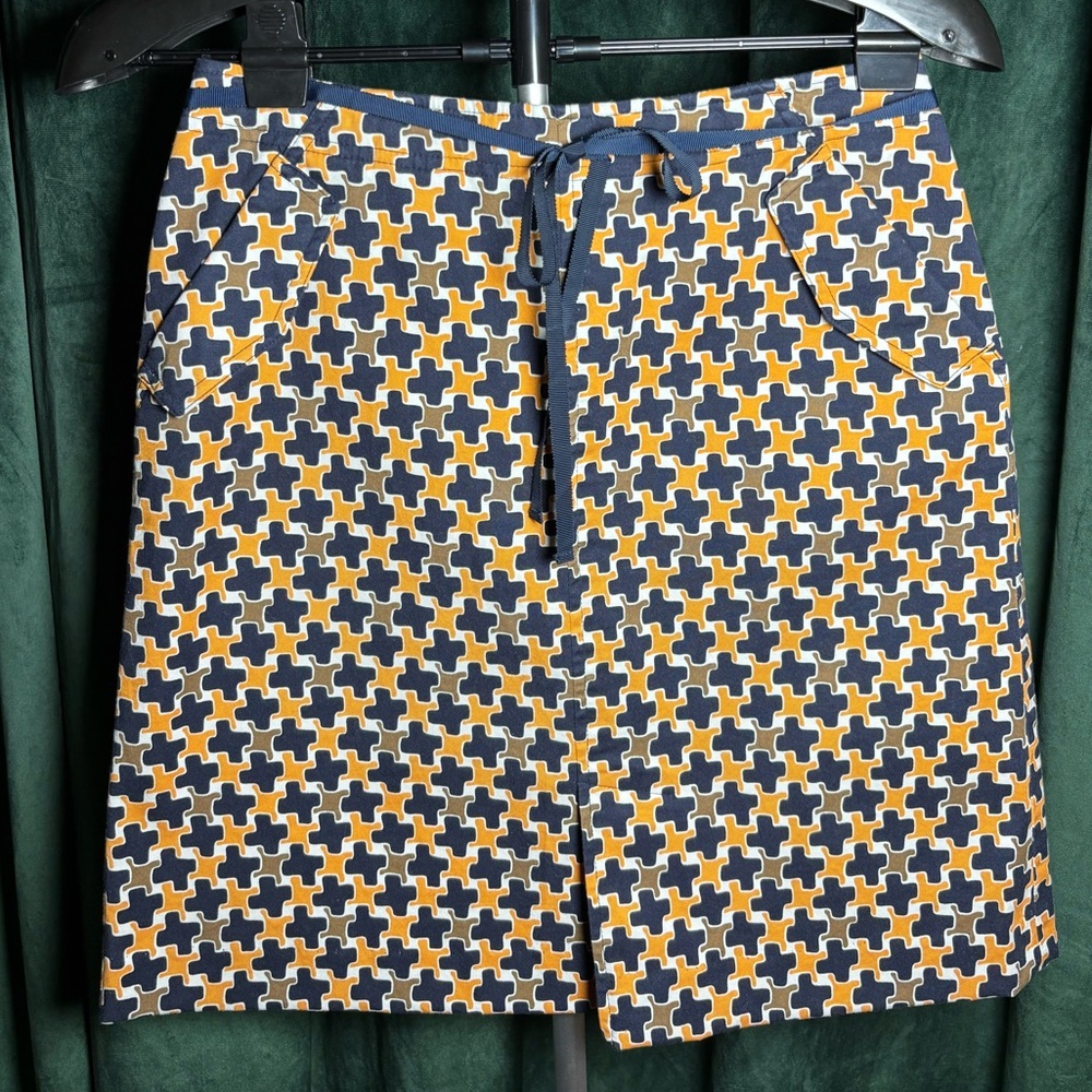 Talbots 6 Stretchy Navy and Mustard Geometric Pencil Skirt Ribbon Belt Petites